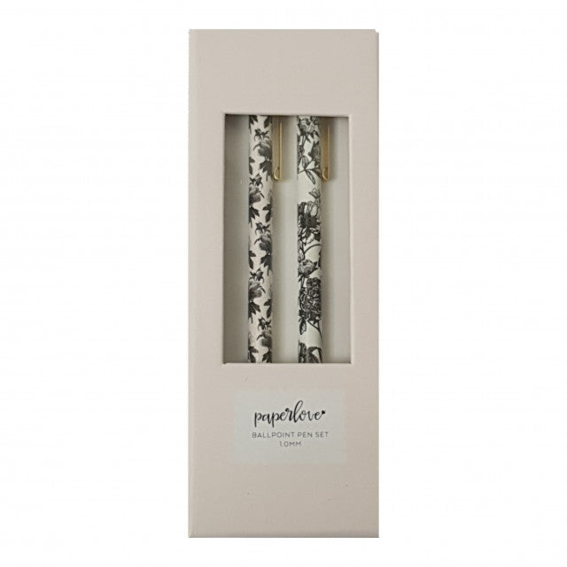 pen set with black and white floral design. black ink/ طقم اقلام حبر مشجرة وذهبيزحبر اسود