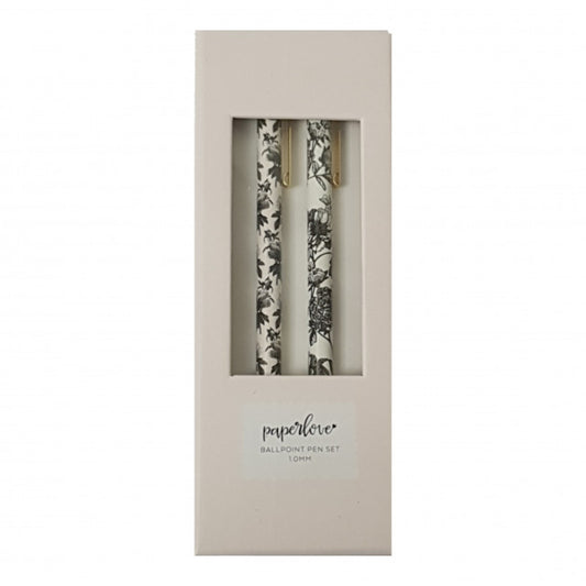 pen set with black and white floral design. black ink/ طقم اقلام حبر مشجرة وذهبيزحبر اسود